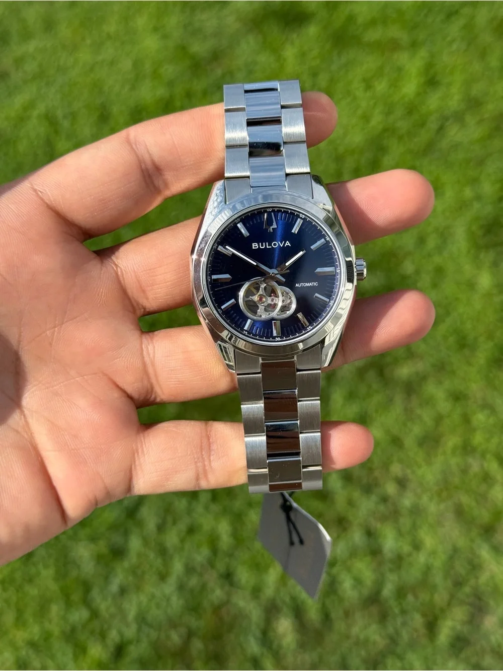 Bulova Silver Stainless Steel automatic men’s Watch with Blue Open-Heart Dial